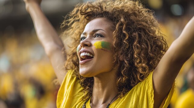 Euphoric woman in a football stadium with her face painted with the colors of the South African flag, cheering and supporting her team.