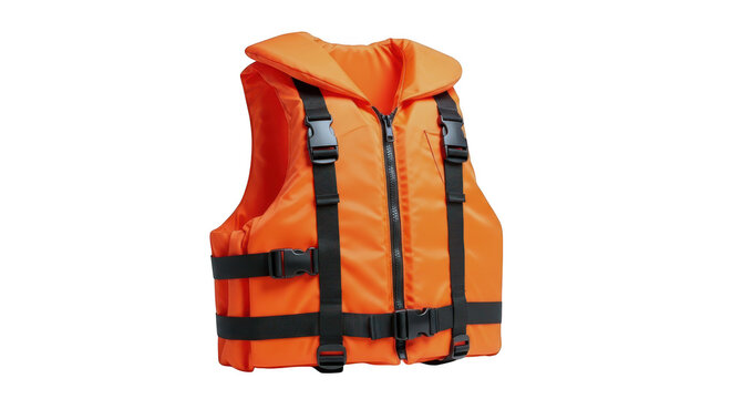 Orange life jacket with black straps isolated on transparent background