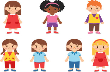 Fototapeta premium Cute Kids Character Vector Set with Diverse Children, Cartoon Boys and Girls, Smiling Avatars for School, Education, Diversity, and Childhood Design Projects