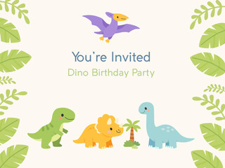 Dinosaur birthday party invitation with cute dinosaurs, tropical leaves frame and playful layout for kids celebration © Тетяна Костів