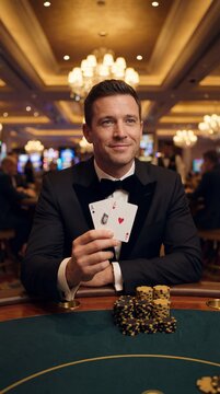 poker player casino gambling luxury tuxedo chips cards aces table elegant tuxedo clad player seated at green felt holding pocket aces with chips and chandelier light for a polished high stakes mood