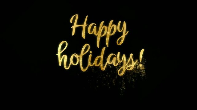 golden happy holidays lettering animated, on black background for celebration.