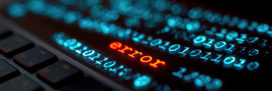 Binary code showing red error above keyboard on desk
