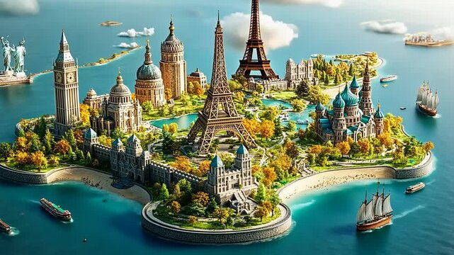 Fantasy Island with Famous Landmarks.