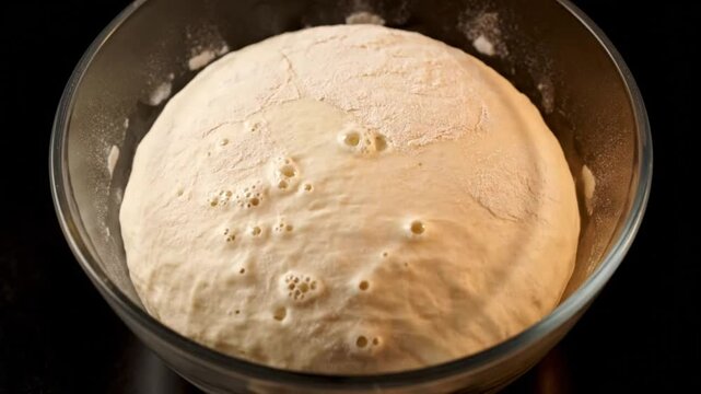 Rising dough in a clear glass bowl on a black surface showing bubbles of fermentation and texture up close