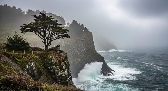 Rugged coastal cliffs with cypress tree and crashing waves in fog