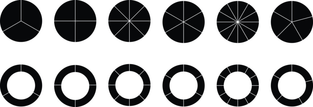 Pie chart set Circle pie chart diagram. Circle icons for infographic. Colorful diagram collection with 2,3,4,5,6,7,8,9,10, sections or steps. Flat process cycle. Progress sectors, vector-eps 10