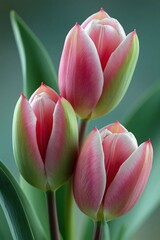 Fototapeta premium Three pink tulip buds poised against muted green background