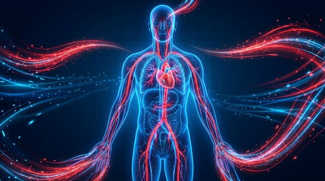 Illustration of the human circulatory system, showcasing arteries and the heart