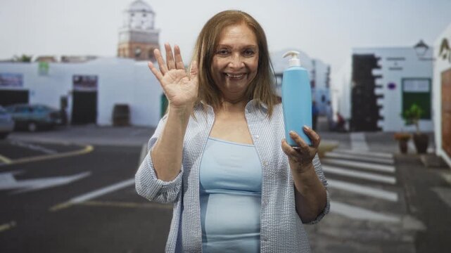 Woman holding blue soap bottle, bare hand waving and smiling in street town square with white buildings and crosswalk; cleaning care happiness.
