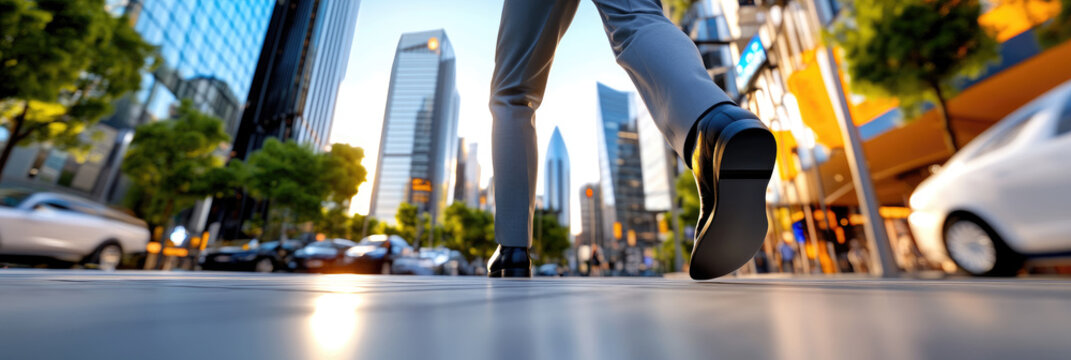 Business person walking downtown city street, moving forward with confidence and determination towards future success and urban aspirations