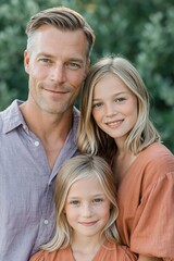 Obraz premium Father and two daughters smiling together in garden setting