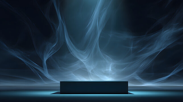 Empty podium on dark stage with soft blue spotlight, dramatic smoke and abstract light atmosphere evoking mystery
