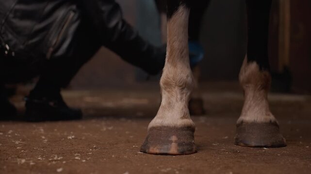 Lowangle stall inspection farrier crouched beside hoof, leather coat and boots framing shot, gritty shavings on floor, precise assessment and measurement, quiet educational tandem exchange