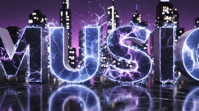 Glowing 3D music text with electric effects in night city