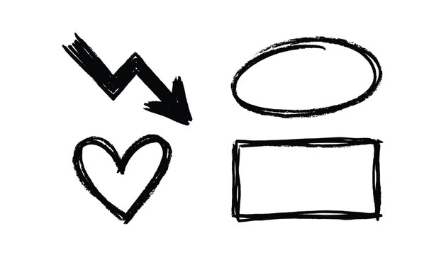 Black hand drawn shapes vector illustration set, including arrow, heart, rectangle and oval on transparent background.