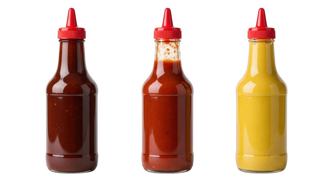 Three bottles of hot sauce lined up on a surface