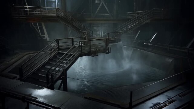 Panning tracking shot of industrial metal catwalk and staircase over swirling water pit with steam and overhead walkways inside dim factory interior at night