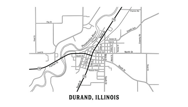 Durand Illinois map vector illustration showing roads streets river and highway 75 transparent background.