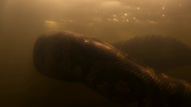 Tracking shot of large anaconda gliding and swimming underwater along murky riverbed in jungle during golden dusk