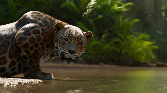 Tracking shot of jaguar creeping and crouching at river bank approaching water in tropical rainforest with morning sunlight and wet reflection