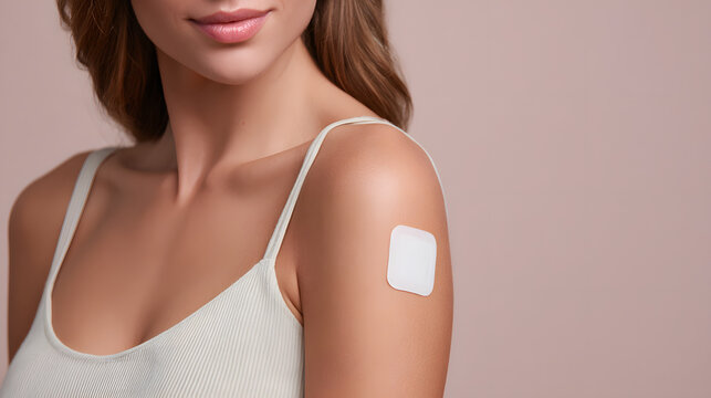 Woman wearing discreet medical patch on upper arm in neutral studio portrait expressing calm confidence
