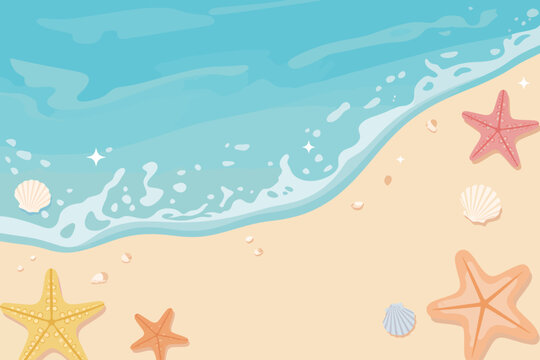 Cartoon illustration of starfish and seashells on sandy beach by ocean waves
