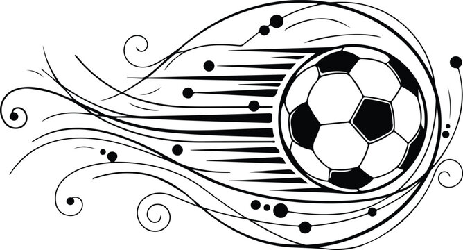 Stylized black and white sketch of a soccer ball in motion with decorative swirls and speed lines.