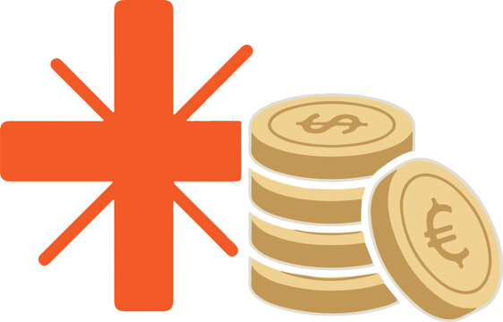 Red asterisk symbol next to a stack of gold coins with dollar and euro signs