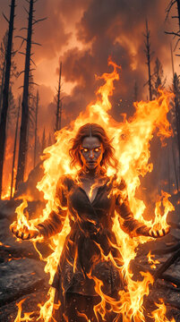 Supernatural woman controlling fire in burning forest. Fantasy character with glowing eyes standing amidst flames and charred trees.