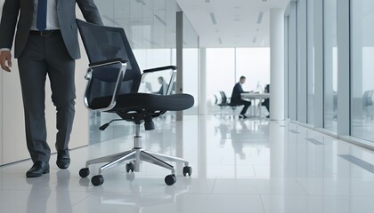 Fototapeta premium Professional employee rolling an ergonomic office chair across a bright corporate hallway for a new job or promotion concept, representing career transition in a modern office space