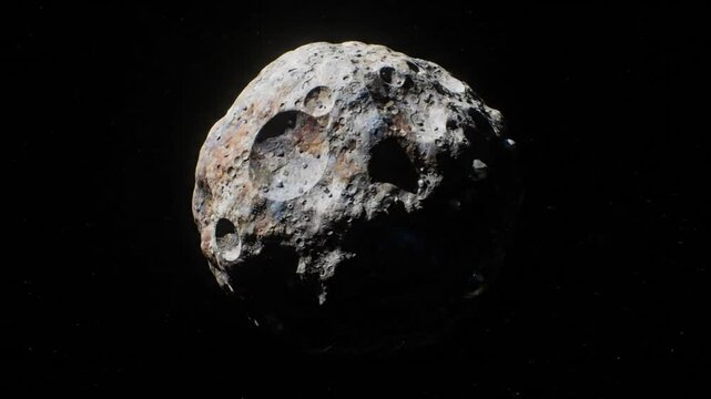 Detailed close-up of asteroid with reflective features against a black space background shows surface texture