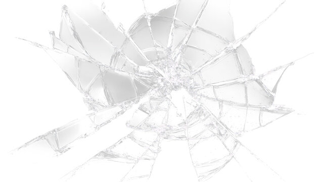 Shattered glass on a transparent background with cracks spreading outwards in a circular pattern, showing breaks and fragments clearly