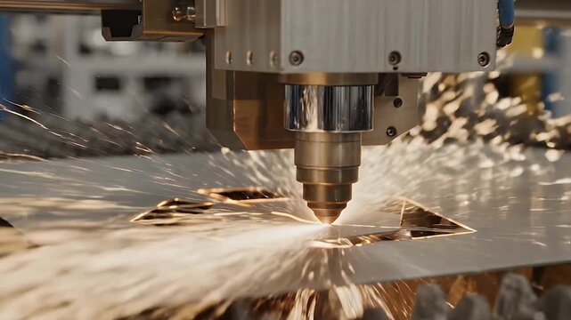 Close Up of Laser Carving Process on Stainless Steel Sheet in Modern Factory
