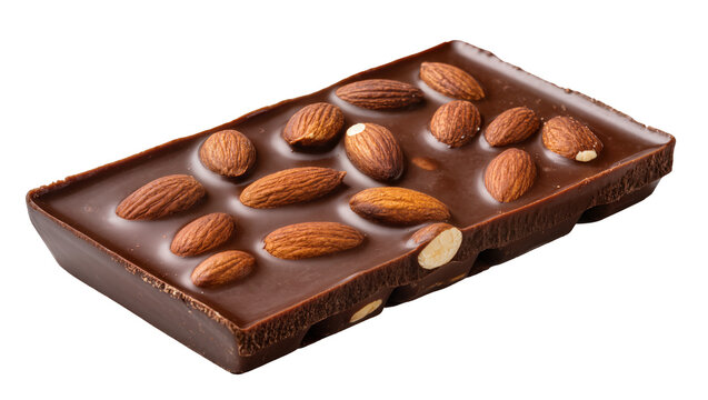 Dark chocolate bar with whole almonds embedded, isolated on transparent background