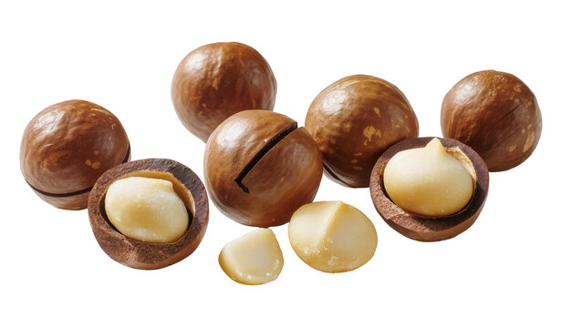 Whole and shelled macadamia nuts with creamy white kernels, isolated on transparent background