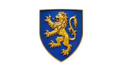 Golden rampant lion emblem on blue shield, isolated on transparent background © Alexander