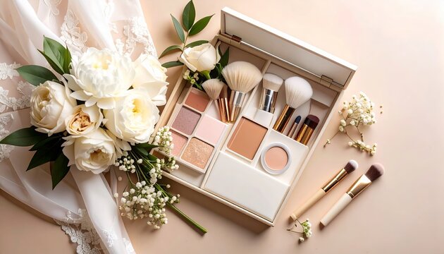 Elegant bridal makeup kit and floral bouquet for a dreamy wedding day aesthetic
