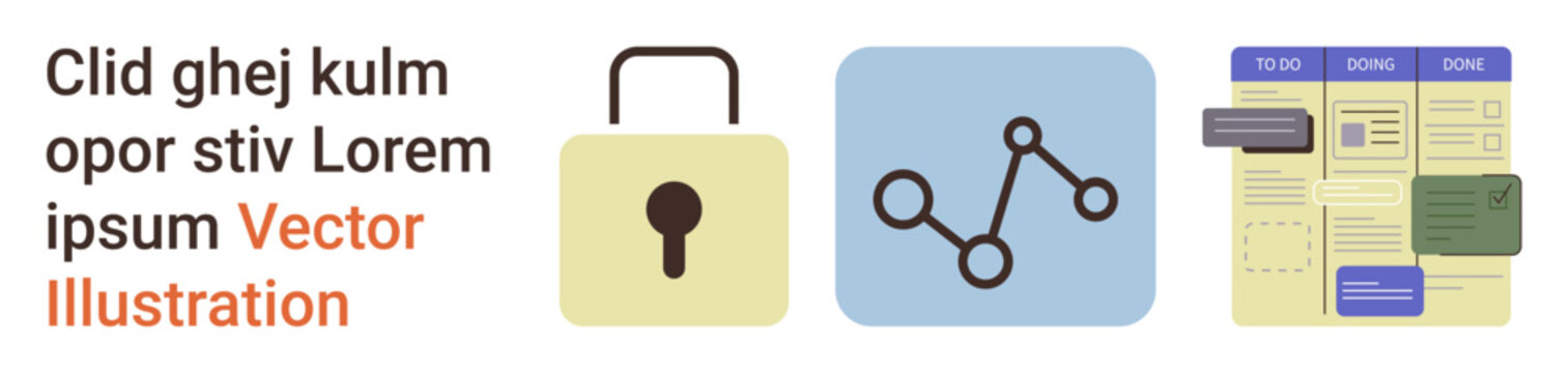 Data security, cybersecurity, project management, task tracking, organized workflow, digital tools. Lock icon, connected nodes diagram and digital taskboard. Data security and project management