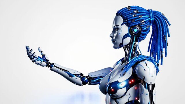 Futuristic female robot portrait with blue hair and reaching hand