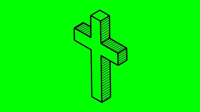 Isometric religious cross illustration with black fill and hand drawn style on green screen chroma key background for video editing and religious projects