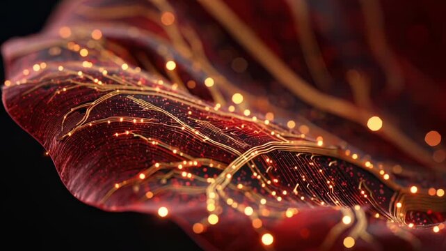 An abstract red leaf is integrated with a glowing golden circuit board pattern on a dark background. Bio-technology, futuristic nature, artificial intelligence.