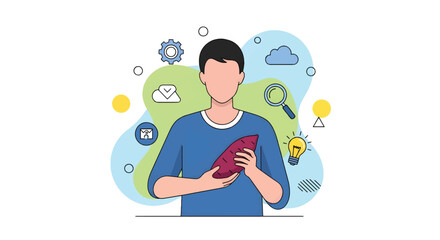 Obraz premium A modern flat vector illustration shows a man holding a tablet surrounded by icons and symbols in a creative workspace environment from a front viewpoint.