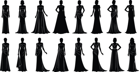 Fototapeta premium Collection of diverse women silhouettes in stylish dresses on transparent background.