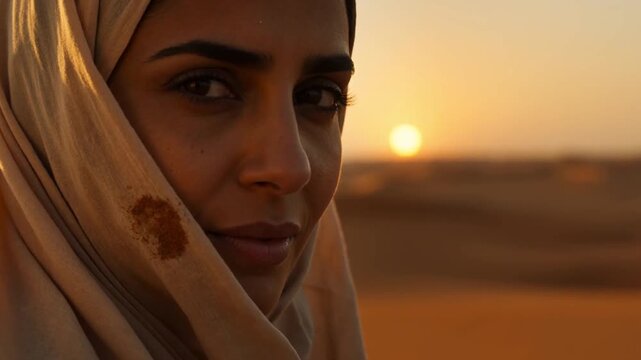 Muslim woman gazes, desert sunset, hope and fortitude in the Middle East.