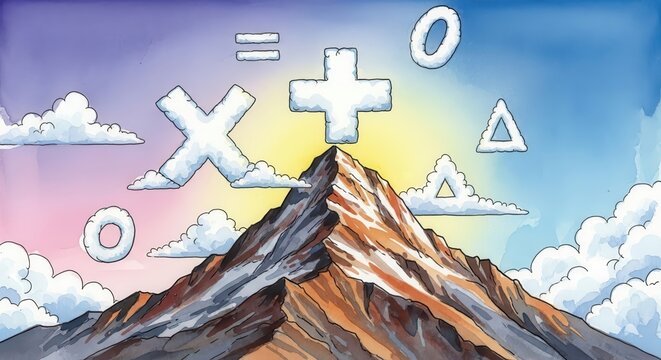 Mathematical symbols shaped like fluffy white clouds float above a majestic mountain peak at sunrise.