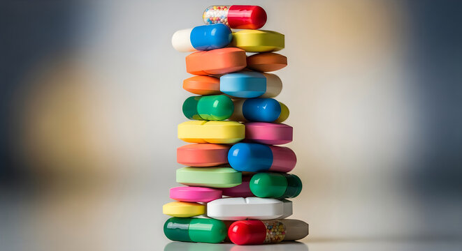 Colorful pills and capsules stacked high on white background.