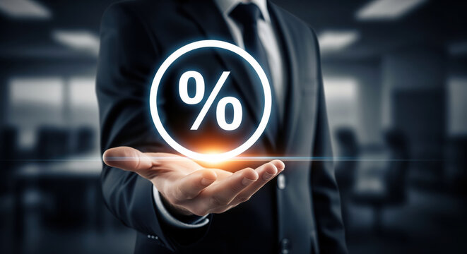 Interest rate cut impact on mortgage and loan payments illustrated through percentage decrease symbol for personal finance decision making and debt reduction planning in banking environment