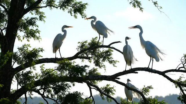 Graceful white egrets perching on a tree branch with lush green leaves in a beautiful natural setting.