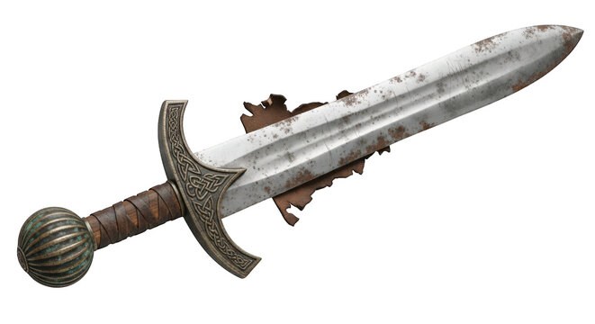 Ancient broadsword with ornate hilt and crossguard resting horizontally